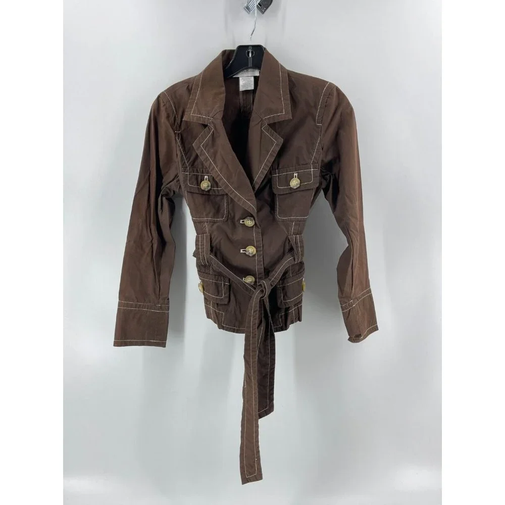 Preswick & Moore Petite Women's Brown Belted Pockets Button Jacket Size PS